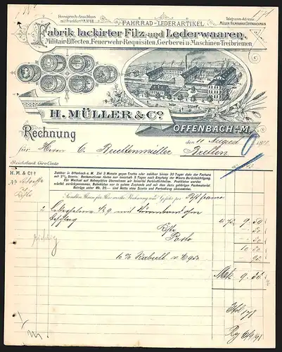 Rechnung Offenbach a. M. 1898, H. Müller & Co., Militair-Effecte, Feuerwehr-Requisiten etc., Auszeichnungen und Fabrik