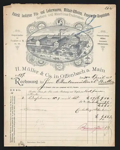 Rechnung Offenbach a. M. 1892, H. Müller & Co., Militair-Effecte, Feuerwehr-Requisiten etc., Auszeichnungen und Fabrik