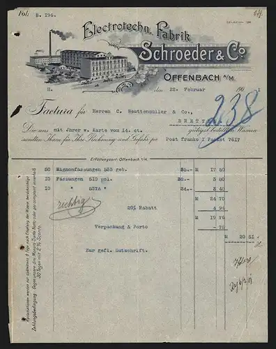 Rechnung Offenbach a. M. 1901, Schroeder & Co., Electrotechnische Fabrik, Reger Verkehr vor der Fabrik