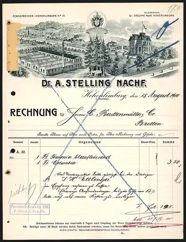 Rechnung Hohenlimburg 1910, Firma Dr. A. Stelling Nachf., Fabrikansicht und prunkvolles Geschäftshaus