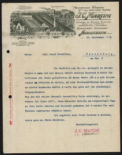 Rechnung Schlotheim 1908, J. C. Martini, Mechanische Weberei, Fabrikanlage und Auszeichnungen