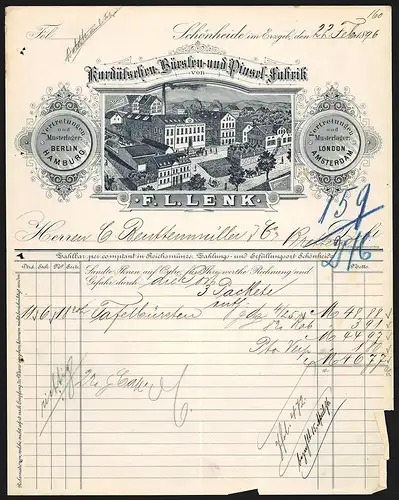 Rechnung Schönheide 1896, F. L. Lenk, Kardätschen-, Bürsten- & Pinsel-Fabrik, Werkansicht innerhalb einer Ortschaft