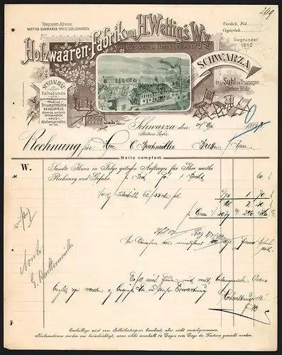 Rechnung Schwarza 1897, H. Wettig`s Ww., Holzwaaren-Fabrik, Produktansicht und Fabrikgelände