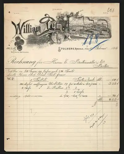 Rechnung Stolberg 1895, William Prym, Hüttenwerk, Walzwerk & Drahtzieherei, Werkansicht, Logo mit Hirsch, Medaillen