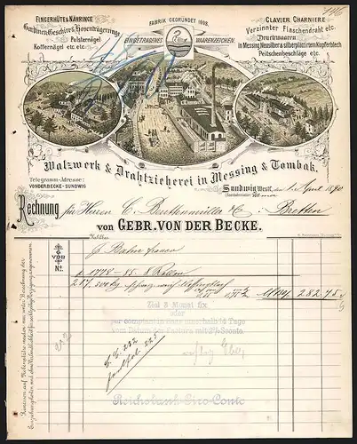 Rechnung Sundwig 1890, Gebr. von der Becke, Walzwerk & Drahtzieherei in Messing & Tombak, Ansichten dreier Werksgelände