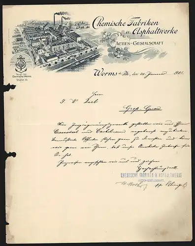 Rechnung Worms a. Rh. 1902, Chemische Fabriken und Asphaltwerke AG, Fabrikgelände am Fluss, Transportschiffe