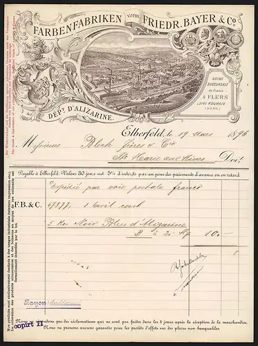 Rechnung Elberfeld 1896, Friedr. Bayer & Co., Farbenfabriken, Totalansicht der Fabrik und Preis-Medaillen