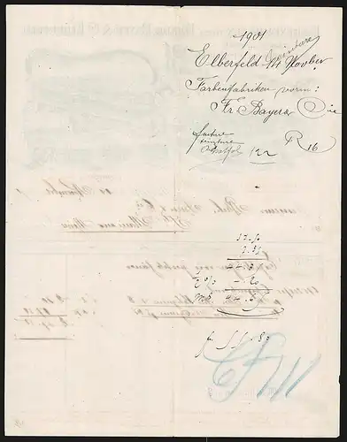 Rechnung Elberfeld 1901, Friedr. Bayer & Co., Farbenfabriken, Totalansicht der Fabrik und Auszeichnungen