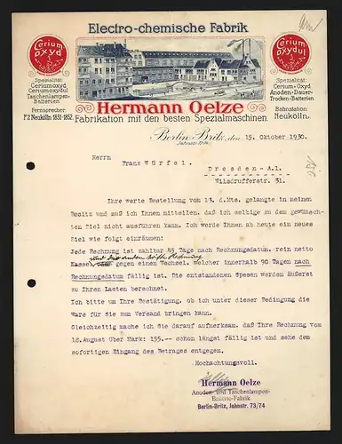 Rechnung Berlin-Britz 1930, Hermann Oelze, Electro-chemische Fabrik, Blick auf das Betriebsgelände