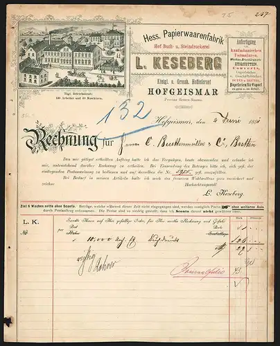 Rechnung Hofgeismar, 1891, L. Keseberg, Hess. Papierwaarenfabrik, Fabrikgelände aus der Vogelschau