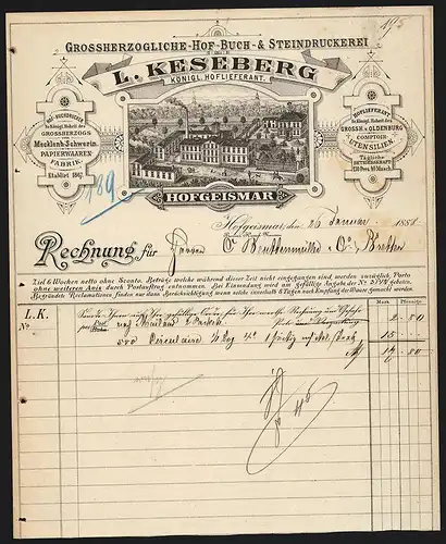 Rechnung Hofgeismar 1888, L. Keseberg, Grossherzogliche Hof-Buch- & Steindruckerei, Fabrikgelände aus der Vogelschau