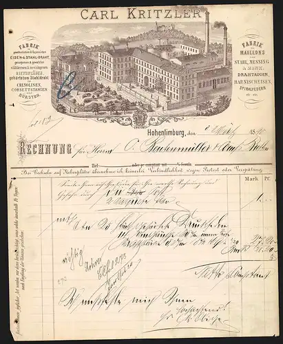 Rechnung Hohenlimburg 1890, Carl Kritzler, Metallwaren-Fabrik, Blick auf das Fabrikgelände, ein Schloss im Hintergrund