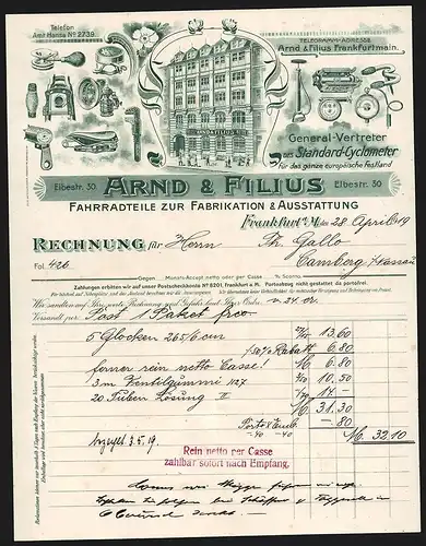 Rechnung Frankfurt a. M. 1919, Arnd & Filius, Fabrik für Fahrradteile, Elbestr. 30, Produkt- und Ladenansichten