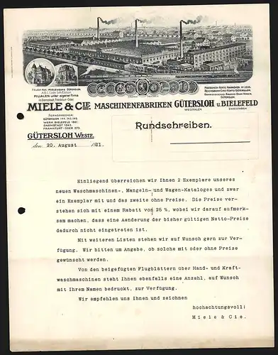 Rechnung Gütersloh /Westf. 1921, Miele & Cie. Maschinenfabrik, Gesamtansicht der Fabrikanlage und Auszeichnungen