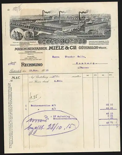 Rechnung Gütersloh /Westf. 1915, Miele & Cie. Maschinenfabrik, Gesamtansicht der Fabrikanlage und Auszeichnungen