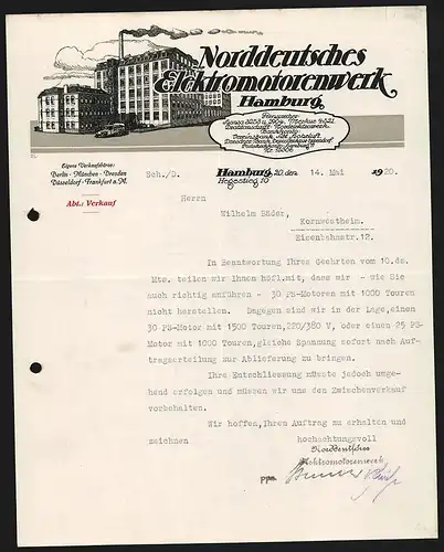 Rechnung Hamburg 1920, Norddeutsches Elektromotorenwerk, Fabrikanlage und Transportfahrzeug