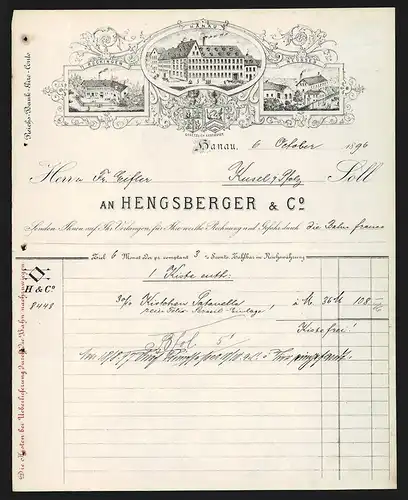 Rechnung Hanau 1896, Firma Hengsberger & Co., Betriebsansichten in Rückingen, Hanau und Neusses