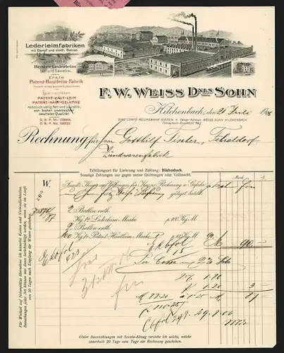 Rechnung Hilchenbach 1906, F. W. Weiss Dnls. Sohn, Lederleimfabriken, Betriebsansicht mit Transportzug