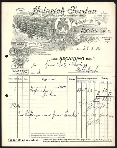 Rechnung Berlin S.W. 1904, Heinrich Jordan, Weberei und weitere Textilfabrikation, Ladenansicht mit Strassenbahn