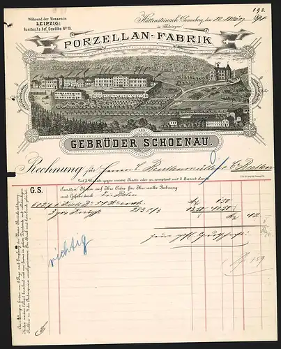 Rechnung Hüttensteinach 1894, Gebrüder Schoenau, Porzellan-Fabrik, Gesamtansicht der Fabrikanlage mit Lagerhäusern