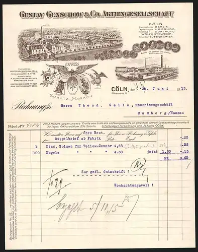 Rechnung Cöln 1915, Firma Gustav Genschow & Co. AG, Werksansichten, Schutzmarken, Preis-Medaillen