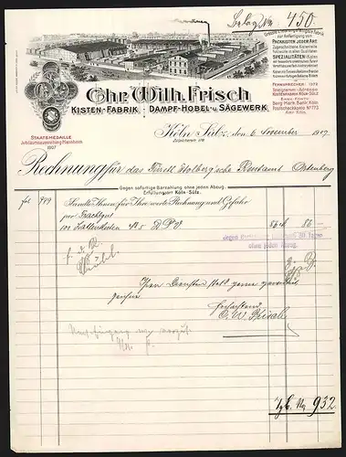 Rechnung Köln-Sülz 1909, Chr. Wilh. Frisch, Kisten-Fabrik und Sägewerk, Betriebsanlage mit Lagerhallen, Medaillen