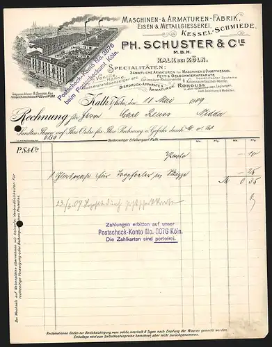 Rechnung Köln-Kalk 1909, Ph. Schuster & Cie. mbH, Maschinen- und Armaturen-Fabrik, Metallgiesserei, Werksansicht
