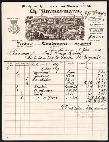 Rechnung Gnadenfrei i. Schl. 1916, Th. Zimmermann, Mechanische Weberei und Wäsche-Fabrik, Ansicht des Betriebsgeländes