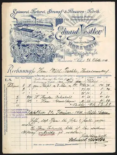 Rechnung Rosswein i. S. 1910, Eduard Nestler, Spinnerei, Färberei, Strumpf- & Filzwaren-Fabrik, Werksansicht & Medaillen