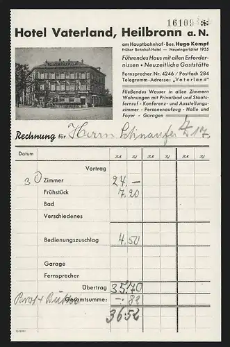 Rechnung Heilbronn a. N., Hugo Kempf, Hotel Vaterland, am Hauptbahnhof, Frontalansicht des Hotelgebäudes