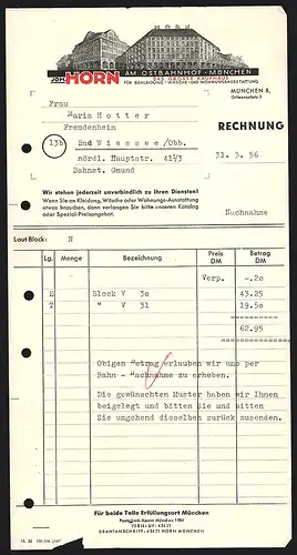 Rechnung München 1956, Joh. Horn, Kaufhaus für Bekleidung und Wohnungsausstattung, Orleansplatz 3, Das Kaufhaus