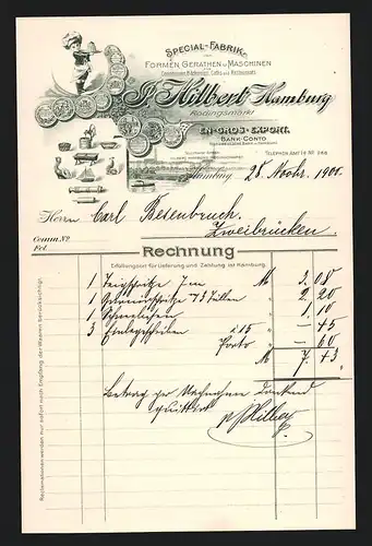 Rechnung Hamburg 1900, J. Hilbert, Fabrik für Formen, Maschinen und Geräthe der Konditorei, Produktsansichten, Medaillen