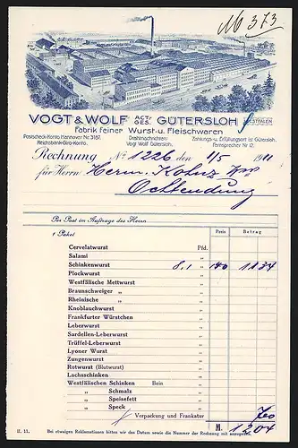 Rechnung Gütersloh 1911, Vogt & Wolf AG, Fabrik feiner Wurst- und Fleischwaren, Gesamtansicht des Fabrikgeländes