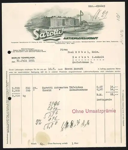 Rechnung Berlin-Tempelhof 1931, Sarotti AG, Fabrikanlage am Wasser, mit Transportschiff