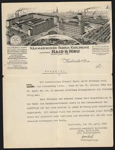 Rechnung Karlsruhe, Haid & Neu, Nämaschinen-Fabrik, Gesamtansicht des Betriebsgeländes, Sägewerk