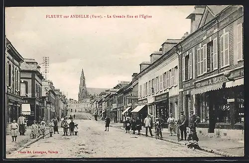 AK Fleury-sur-Andelle, La Grande-Rue et l`Eglise