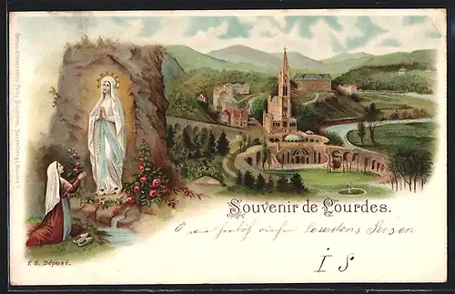 Lithographie Lourdes, Ortsansicht mit Fontaine, Heilige Mutter