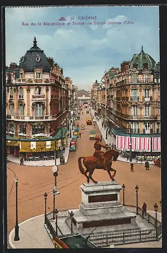 AK Orléans, Rue de la République et Statue de Sainte-Jeanne d`Arc