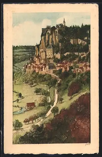 Künstler-AK Rocamadour, Vue prise de la Route de l'Hospitalet