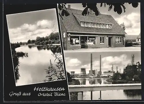 AK Holthausen-Biene /Kr. Lingen, Ortsansichten mit Fabrik und Ladengeschäft