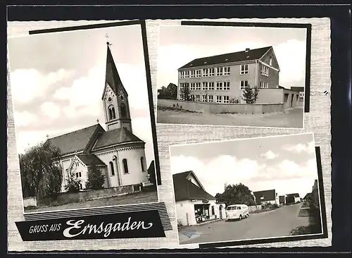 AK Ernsgaden, Edeka mit VW Bus, Kirche, Strassenpartie