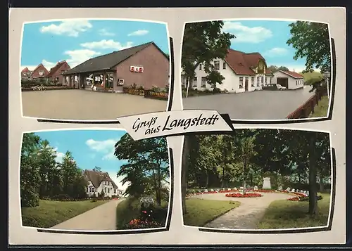 AK Langstedt, Ortsansicht mit Geschäft A & O, Grünanlage