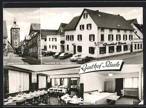 AK Bönnigheim / Württ., Gasthof Rössle, Gaststätte mit Kegelbahn, Partie am oberen Torturm