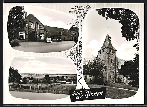 AK Binnen, Bückmanns Gasthof, Kirche, Ausblick auf Flachland