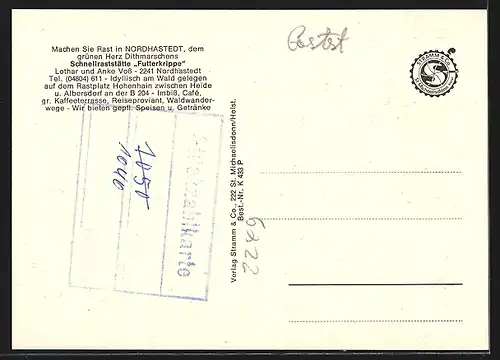 AK Nordhastedt, Schnellraststätte Futterkrippe, Innen- und Aussenansicht, Inh. Lothar und Anke Voss