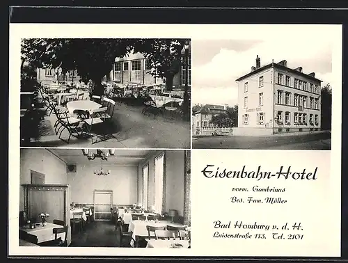 AK Bad Homburg, Eisenbahn-Hotel, Innen- und Aussenansicht, Inh. Fam. Müller