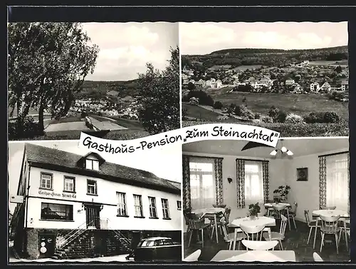 AK Unter-Abtsteinach, Gasthaus Pension zum Steinachtal v. R. Helfrich, Aussen- u. Innenansicht, Ortspanorama