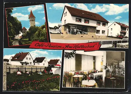 AK Ostheim v. d. Rhön Pestalozzistrasse 1, Cafe / Pension Am Hallenbad, Aussenansicht, Garten, Speiseraum, Burgturm