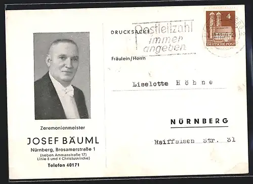 AK Nürnberg, Zeremonienmeister Josef Bäuml, Reklame-Karte