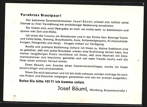 AK Nürnberg, Zeremonienmeister Josef Bäuml, Reklame-Karte